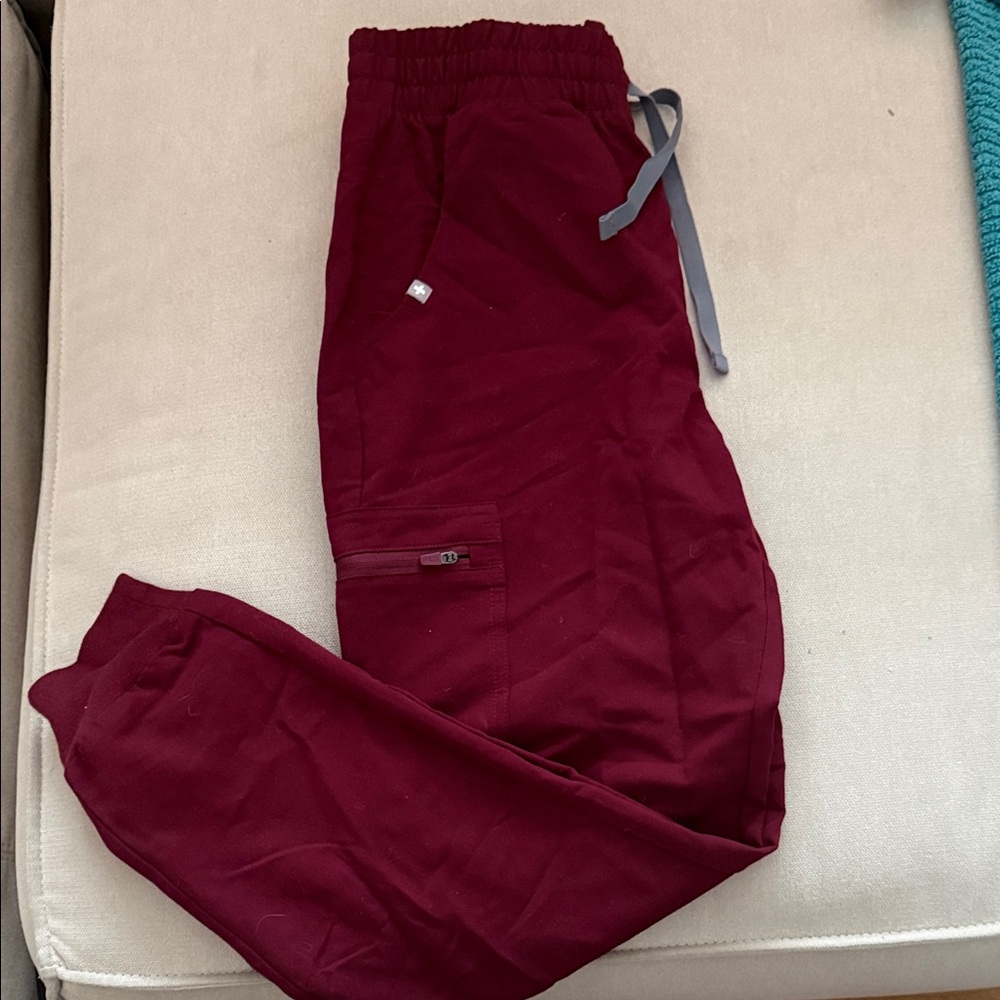 Figs Maroon Jogger Pants with Light Gray Drawstring